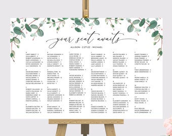 Greenery Alphabetical Wedding Table Chart,  3 Seating Chart Templates, Wedding Table Sign, Editable Seating Board, Templett