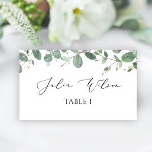 Plantilla de tarjeta de lugar con iconos de comidas, tarjetas de lugar de boda con vegetación, tarjetas de lugar planas o dobladas, imprimibles y editables con Templett