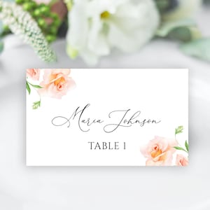 Modelo de cartão de lugar com ícones de refeição, cartões de lugar de casamento rosa pêssego, cartões de lugar de refeição planos ou dobrados florais blush, imprimíveis, editáveis