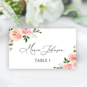 Plantilla de tarjeta de lugar con iconos de comidas, tarjetas de lugar de boda rosa y rubor, tarjetas de lugar de comida planas o dobladas, imprimibles, editables con Templett