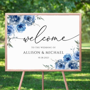 Wedding Welcome Sign Template, Blue Floral Welcome Sign, Entrance Welcome Signs, Printable, Editable