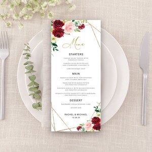 Wedding Menu Card Template, Burgundy Blush Menu Cards, Dinner Menu Templates in 2 Sizes, Printable, Editable with Templett