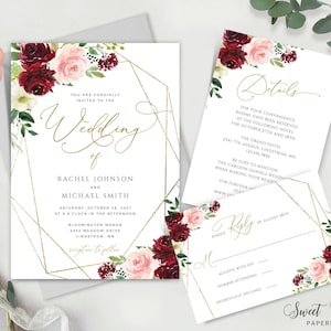 Burgundy Wedding Invitation, Floral Wedding Invitation Template, Geometric Wedding Invite Set, Editable Printable Download