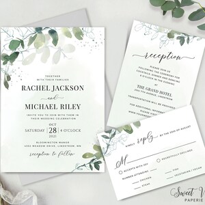 Boho Wedding Invitation Suite with Watercolor Greenery, DIY Easy to Edit Templates, Print at Home, RSVP & Reception Card INSTANT Download