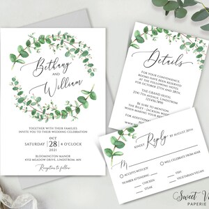 Ensemble d&#39;invitations de mariage Boho Greenery avec couronne d&#39;eucalyptus • Suite d&#39;invitations de modèles comprenant RSVP et détails