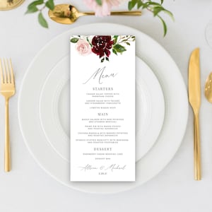Wedding Menu Card Template, Burgundy Blush Menu Cards, Menu Templates in 2 Sizes, Editable Wedding Reception Menu, Printable