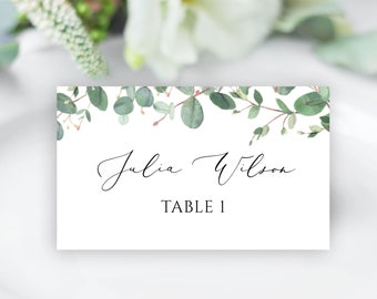 Place Card Template With Meal Icons, Greenery Wedding Place Cards, Flat Or Folded Place Cards, Printable, Editable With Templett