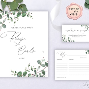 Bridal Shower Recipe Card Set, Recipe Card for the Bride, Eucalyptus Greenery Recipe Card Bundle with Insert and Sign, Bring a Recipe