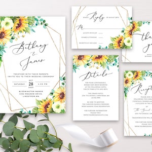 Sunflower Wedding Invitation Bundle, Sunflower Theme Wedding Template Set, Geometric Editable Wedding Invite Suite, Printable Templates