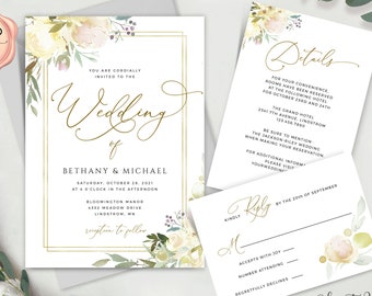 Floral Wedding Invitation Template, Wedding Invite Suite, Printable Wedding Invitation, Editable with Templett,