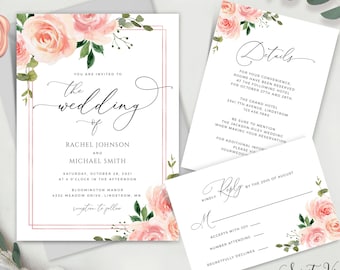 Pink Blush Wedding Invitation Template, Watercolor Floral Roses Invite, Wedding Invitation Set, Printable, Editable Download Templett 038A