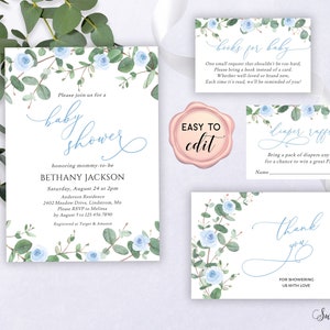 Baby Shower Invitation Template for Boy, Blue Floral Baby Shower Bundle, Eucalyptus Boy Baby Shower Invite, Editable Baby Shower Set