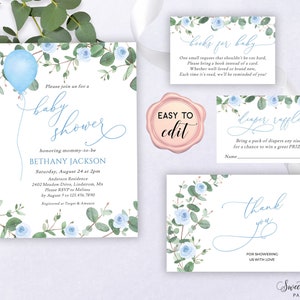 Boy Baby Shower Template, Blue Floral Baby Shower Bundle, Eucalyptus Baby Shower for Boy Invite, Editable Baby Shower Set, Printable