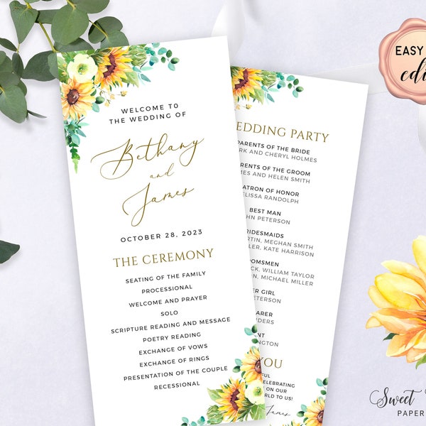 Sunflower Wedding Program, Double Sided Wedding Program Template, Wedding Ceremony Program, Printable 4 x 9 Double-sided Template