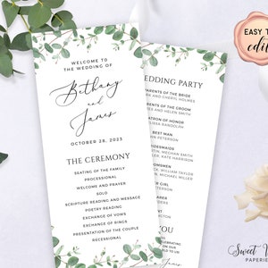 Wedding Program Template, Eucalyptus Leaves Ceremony Program, Greenery Double Sided Wedding Program, Editable with Templett