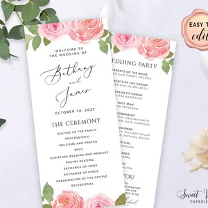 Pink Blush Wedding Program, Double Sided Wedding Program Template, Wedding Ceremony Program, 4 x 9&quot; Printable, Editable Event Program