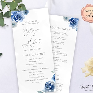 Wedding Program Template, Blue Floral Double Sided Wedding Program, Wedding Ceremony Program, Printable, Editable with Templett