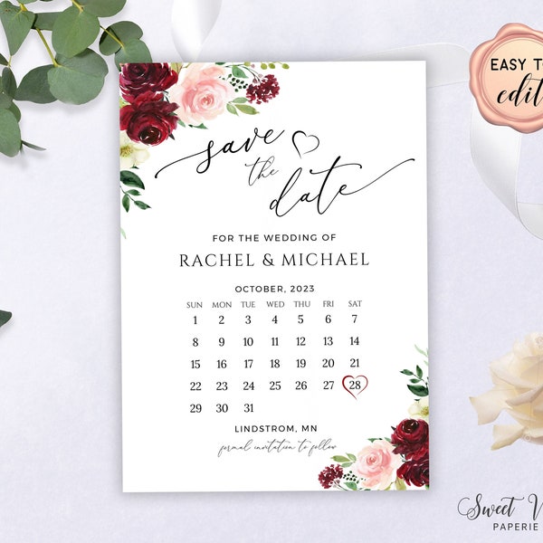 Burgundy Floral Save The Date Calendar Card, Save The Date Card Template, Printable Save The Date, Editable with Templett