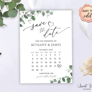 Greenery Save The Date Template, Calendar Save The Date Card, Printable Save The Date, Editable with Templett