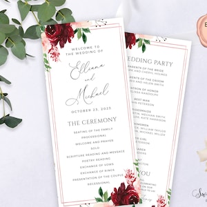 Burgundy Wedding Program Template, Double Sided Wedding Programs, Order of Service Program, Printable Event Program, Editable