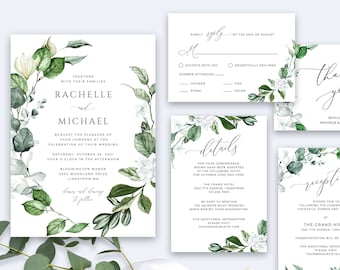 Boho Wedding, Greenery Wedding Invitation Template Download, Printable Wedding Invitation Suite is Easy to Edit with Templett
