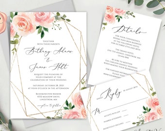 Blush Wedding Invitation Template, Watercolor Roses Invite, Geometric Wedding Invitation Set, Printable Download, Editable with Templett