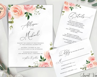 Wedding Invitation Template, Blush Watercolor Floral Invite, Wedding Invitation Set, Printable Editable Download with Templett