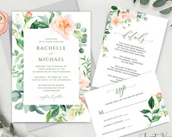 Pink Peach Floral Wedding Invitation Template, Watercolor Blush Roses Invite, Wedding Invitation Suite, Printable, Editable Download 037A