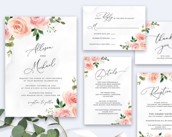 Blush Floral Wedding Invitation Template Download, Watercolor Roses Invite, Pink Wedding Invitation Set, Printable Download, Editable