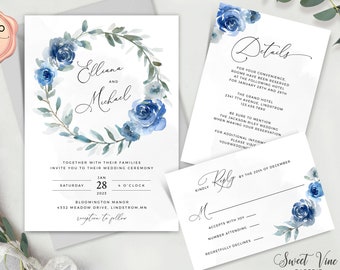 Blue Floral Wedding Invitation, Wedding Invite Suite, Printable Wedding Invitation, Editable Download