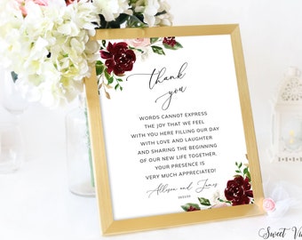 Wedding Thank You Sign Template, Thank You Sign Poster, Burgundy Wedding Reception Sign, Wedding Decor, Guest Thank You