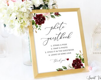 Photo Guestbook Sign, Burgundy Photo Guest Book Sign, Wedding Decor, Reception Decor, Party Guestbook, Printable Download