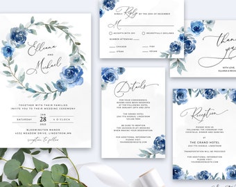 Blue Floral Wedding Invitation Template, Wedding Invitation Set, Printable Wedding Invitation, Editable Invitation