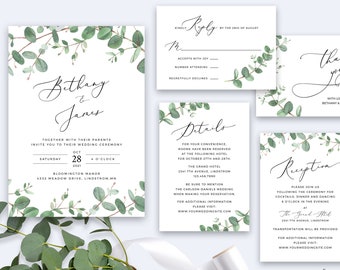 Wedding Invitation Template, Boho Greenery Eucalyptus, Wedding Template Suite, Bohemian invite, Printable, Easy to Edit with Templett