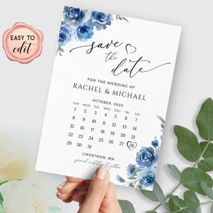 Blue Floral Save The Date Template, Calendar Save The Date Card, Dusty Blue Save The Date, Printable Download, Editable with Templett