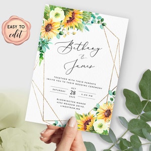 Sunflower Wedding Invitation Template, Sunflower Wedding Invitation, Editable Geometric Wedding Invite Template, Editable Rustic Template