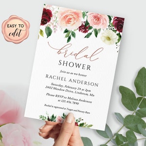 Pink Burgundy Bridal Shower Invitation Template, Wedding Shower Invitation, Bridal Shower Invite, Editable with Templett 04C