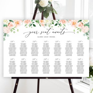 Peach Pink Wedding Seating Chart, Large Seating Chart, Blush Floral Meal Seating Template, Editable Party Seating Poster
