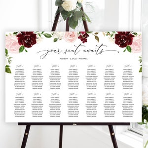 Burgundy and Pink Wedding Seating Chart, Large Seating Chart, Floral Meal Seating Template, Editable Party Seating Poster