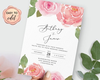 Blush Pink Floral Wedding Invitation Template, Watercolor Flowers Invitation, Printable Wedding Invite, Editable Download