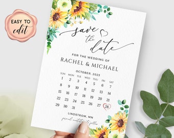 Sunflower Save The Date Template, Calendar Save The Date Card, Sunflowers Template, Editable with Templett