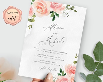 Wedding Invitation Template, Blush Pink Floral Wedding Invite, Watercolor Roses Wedding Template, Printable Download, Editable with Templett