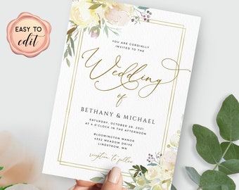 Floral Wedding Invitation Template Download, Wedding Invite Template, Printable Wedding Invitation,
