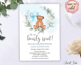 Baby Boy Shower Invitation Template, We Can Bearly Wait, Blue Baby Shower Invite, Watercolor Baby Bear, Blue Balloons, Bear Baby Invite