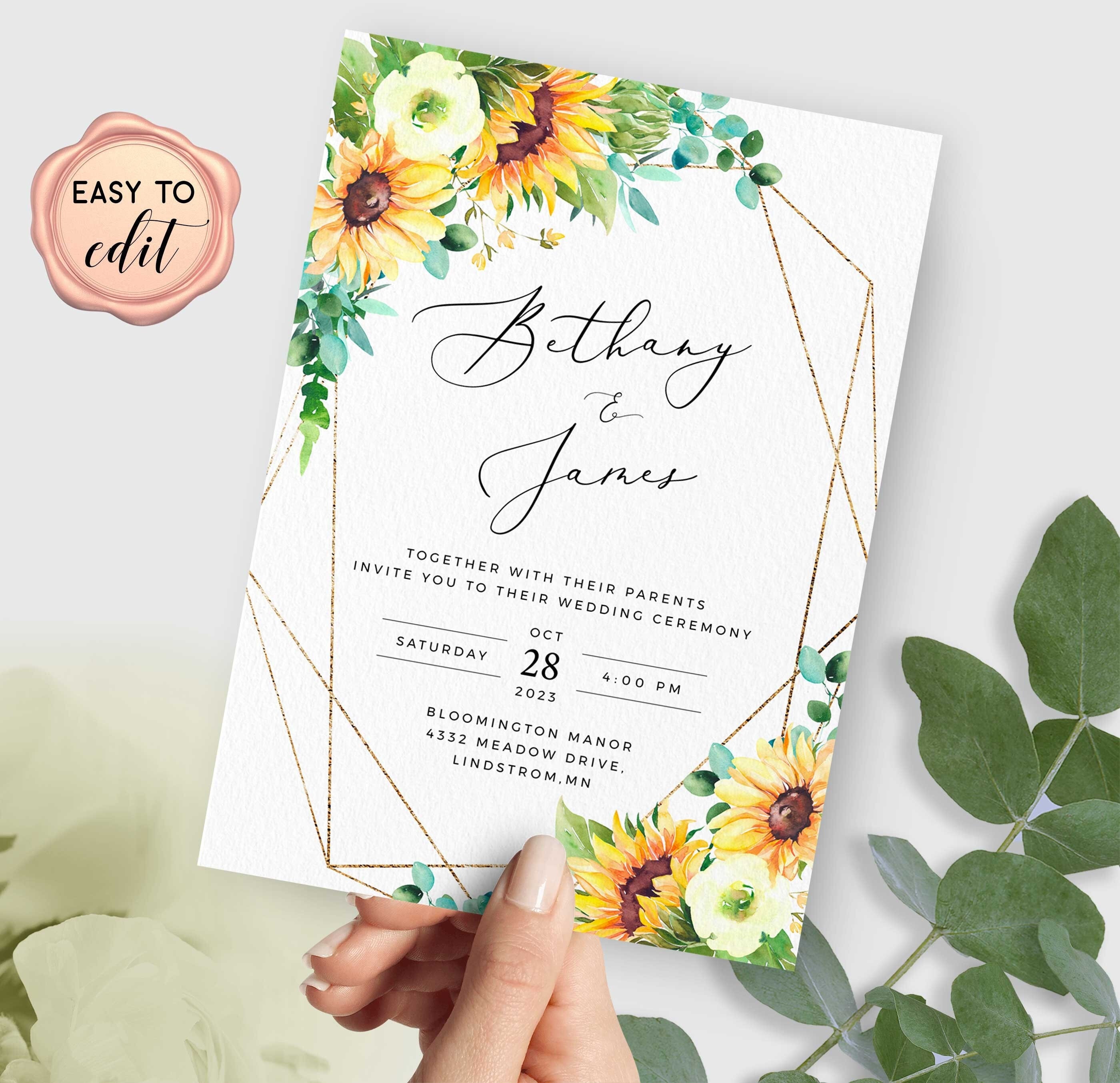 Sunflower Wedding Invitation Template Sunflower Wedding Invitation Editable Geometric Wedding Invite Template Editable Rustic