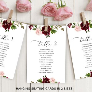 Tarjetas de asientos de mesa colgantes de color burdeos, tabla de asientos de boda, plantilla floral de acuarela, encuentre sus letreros de mesa, editable, imprima en casa