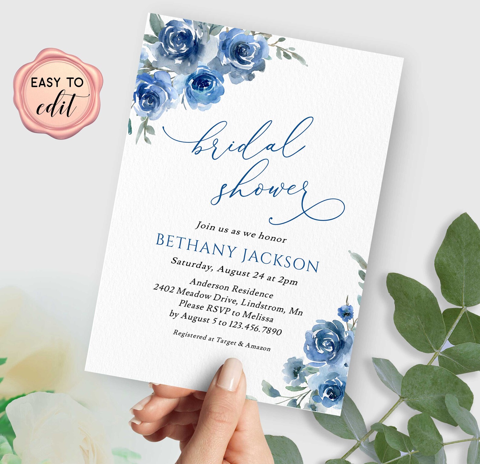 Dusty Blue Bridal Shower Invitation Template Watercolor - Etsy