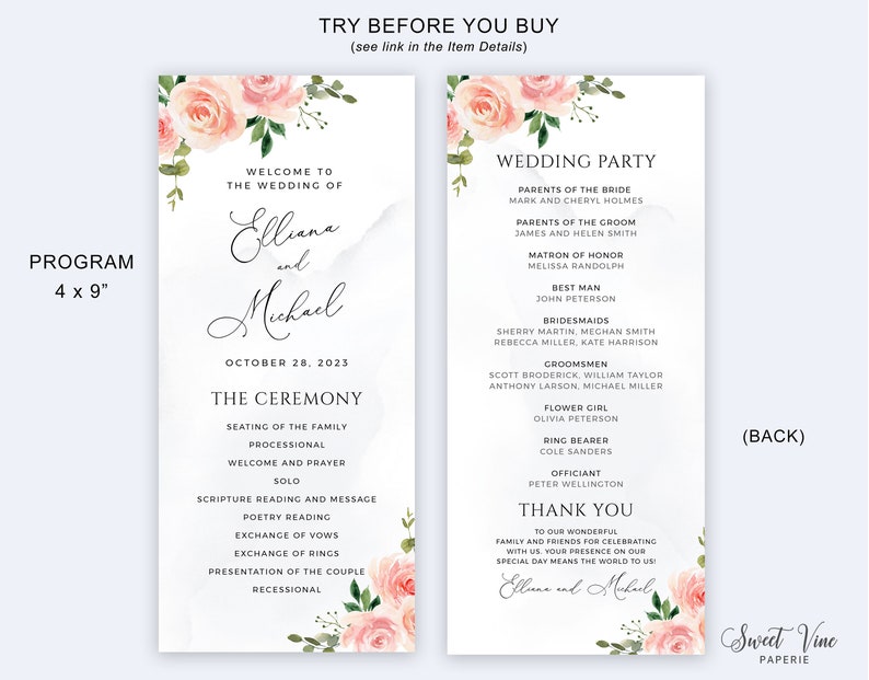Pink Blush Wedding Program Template Double Sided Wedding Etsy