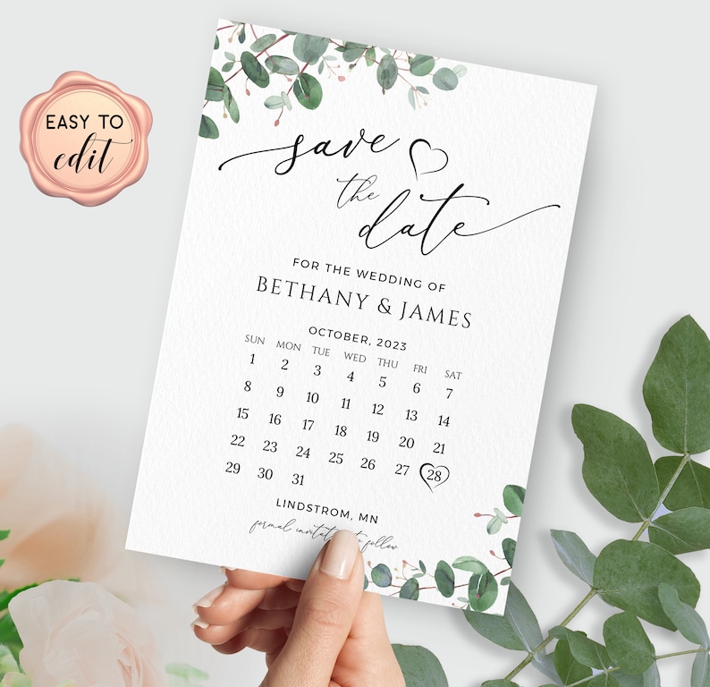 Greenery Save The Date Template, Calendar Save The Date Card, Printable Save The Date, Editable with Templett image 4