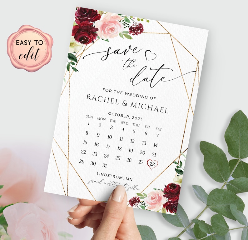 Burgundy Floral Save the Date Calendar Card Save the Date Etsy